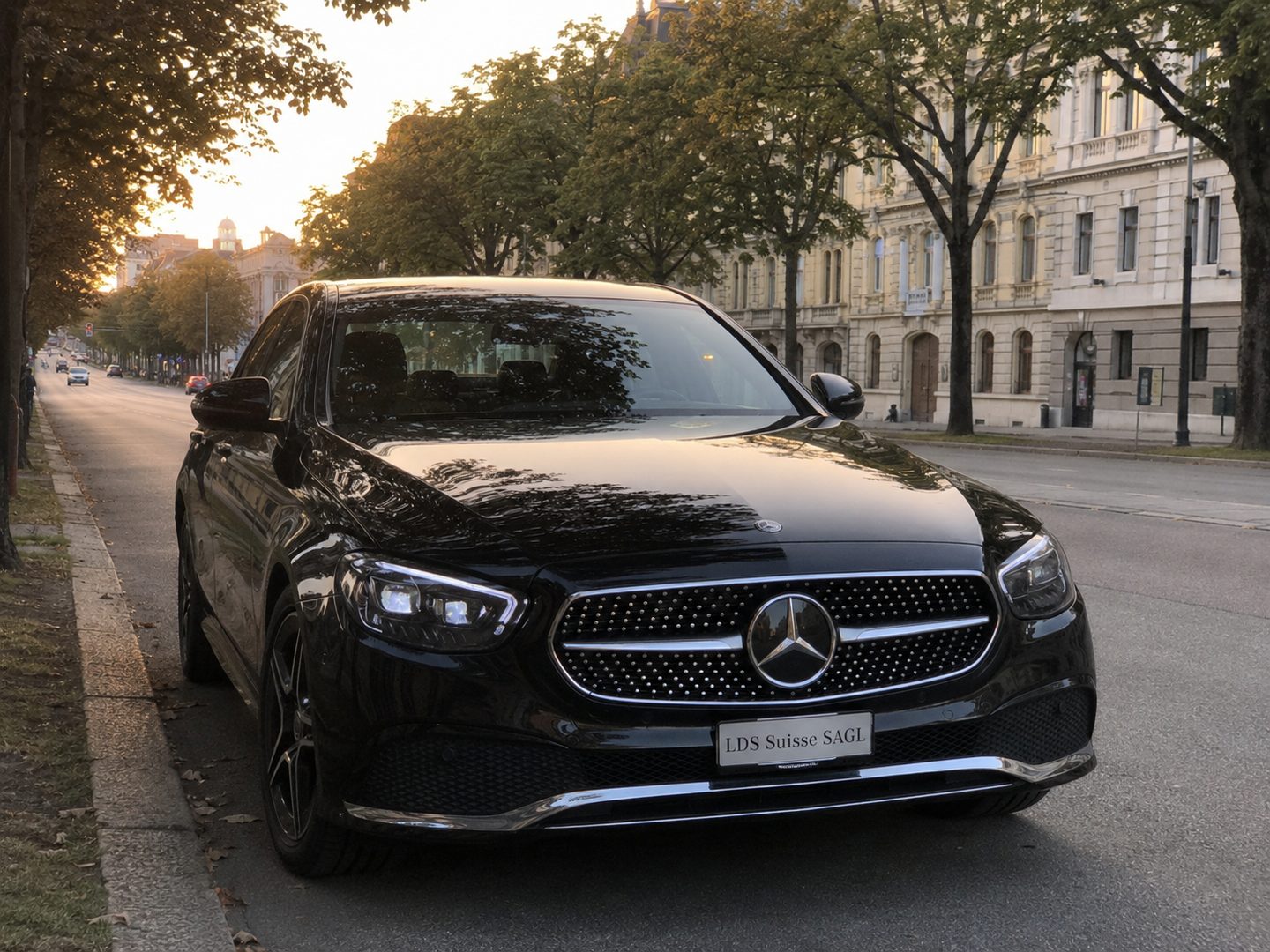 Mercedes Classe E su un viale alberato, all'alba