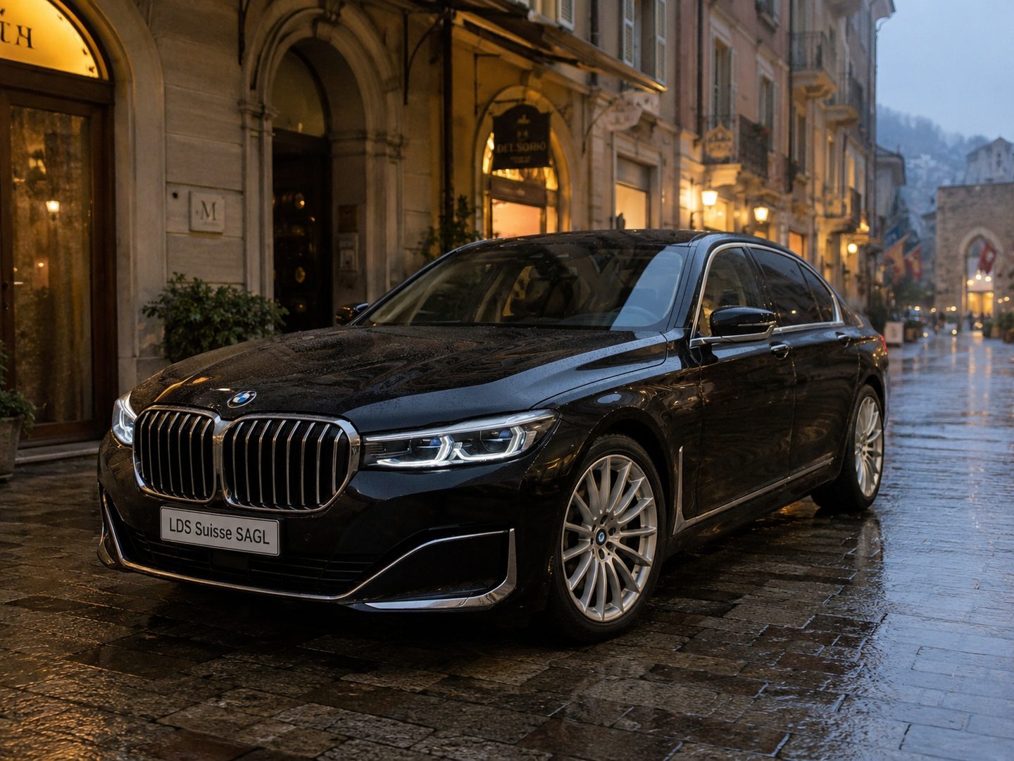 BMW Serie 7 all&rsquo;ingresso di un albergo, la sera