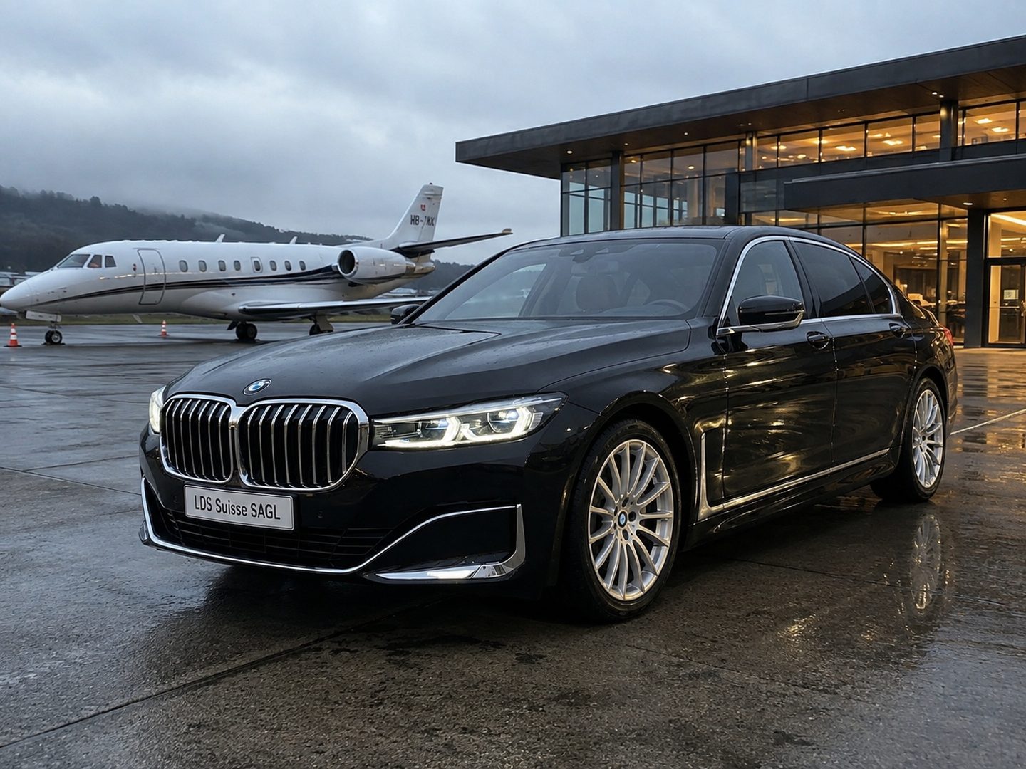 BMW Serie 7 accanto a un jet privato, davanti al terminal